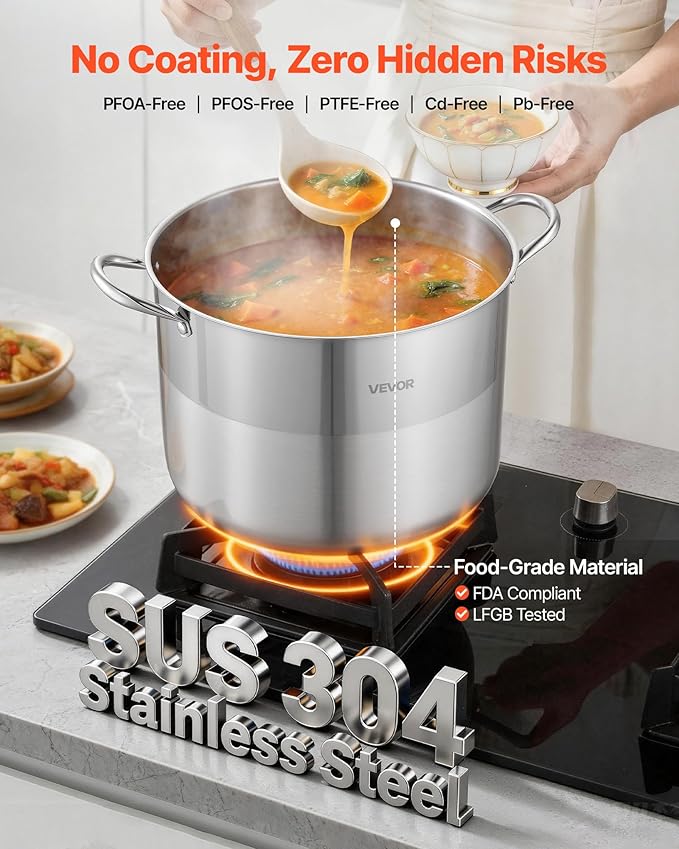 VEVOR Stainless Steel Stock Pot, 16QT Stainless Steel Stockpot with Glass Lid, PFOA-Free, PFAS-Free, Compatible with Gas Stoves, Induction Cooktops, Electric Stoves, for Soups, Stews, and Pasta - Image 2