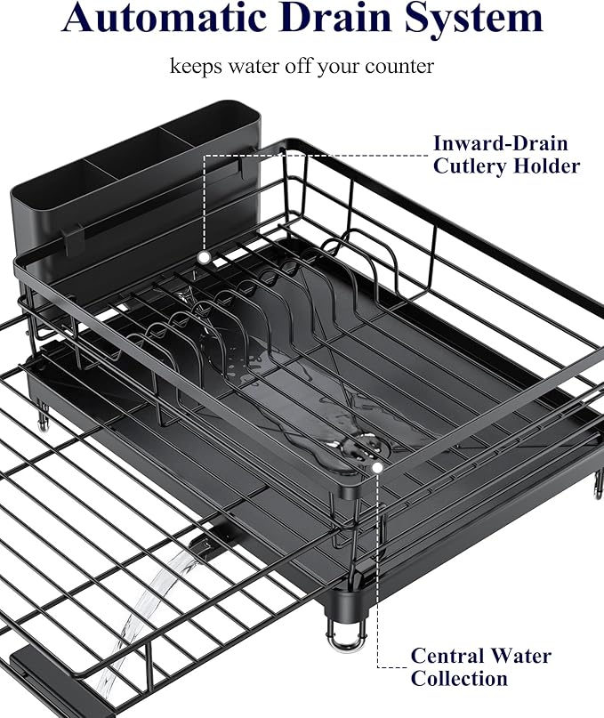 Kitsure Extendable Dish Drying Rack - Rust-Resistant Dish Racks for Kitchen Counter with Adjustable Support Legs, Cutlery Holder & Removable Draining Tray (Black, 15.6''-25.2''L × 16.9''W × 8.1''H) - Image 6