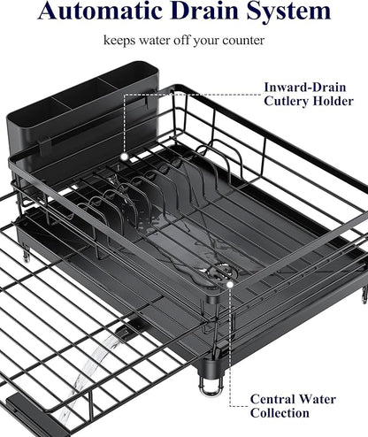 Kitsure Extendable Dish Drying Rack - Rust-Resistant Dish Racks for Kitchen Counter with Adjustable Support Legs, Cutlery Holder & Removable Draining Tray (Black, 15.6''-25.2''L × 16.9''W × 8.1''H) - Image 6