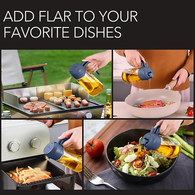 YARRAMATE 16oz/470ml Glass Olive Oil Sprayer for Cooking with Stickers, 2 in 1 Oil Dispenser for Kitchen Gadgets, Food Grade Premium Spray Bottle with Portion Control for Salad, BBQ (Navy) - Image 9