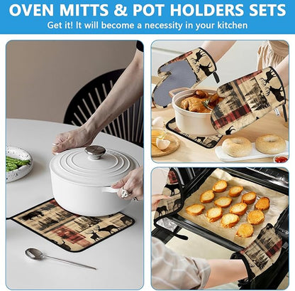 Deer and Bear Oven Mitts and Pot Holders Sets Heat Resistant 4Pcs Wild Animal Potholders Oven Gloves Hot Pads for Kitchen Baking Cooking Grilling BBQ