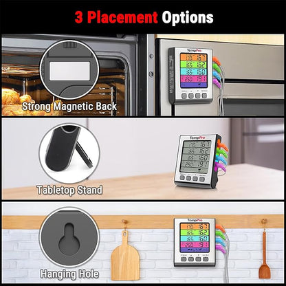 TempPro TP17H Digital Meat Thermometer with 4 Temperature Probes, HI/Low Alarm Smoker Food Thermometer with Colored Backlit LCD, BBQ Thermometer for Cooking Grill Kitchen Oven (Previously ThermoPro) - Image 7