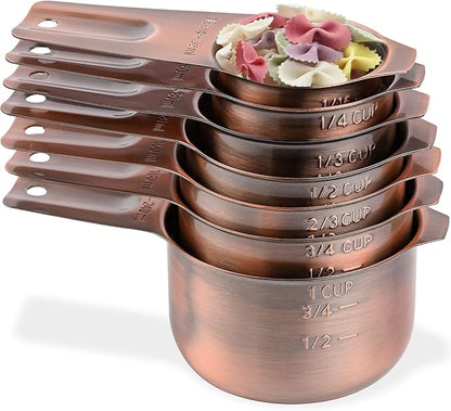 Copper Measuring Cups Set 7, Metric & US Stainless Steel Measuring Cups for Kitchen & Baking, Metal Measure Cups for Dry & Liquid, Nesting Measuring Cup Set with 1/8 2/3 & 3/4 Cups