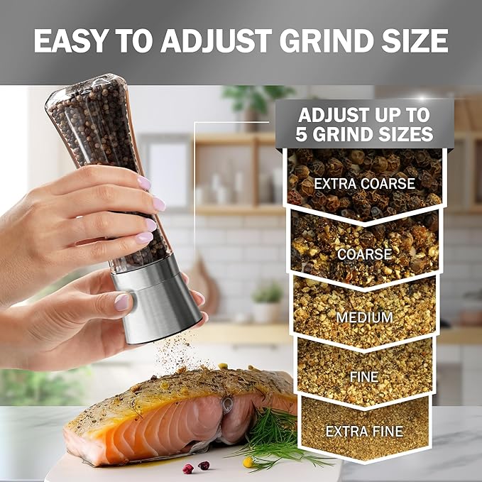 Home EC Premium Stainless Steel Sea Salt and Pepper Grinder Set of 2 - Adjustable Ceramic - Tall Glass Salt and Pepper Shakers - Kitchen Spice Mill W/Funnel & EBook - Image 3