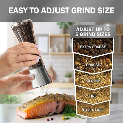 Home EC Premium Stainless Steel Sea Salt and Pepper Grinder Set of 2 - Adjustable Ceramic - Tall Glass Salt and Pepper Shakers - Kitchen Spice Mill W/Funnel & EBook - Image 3