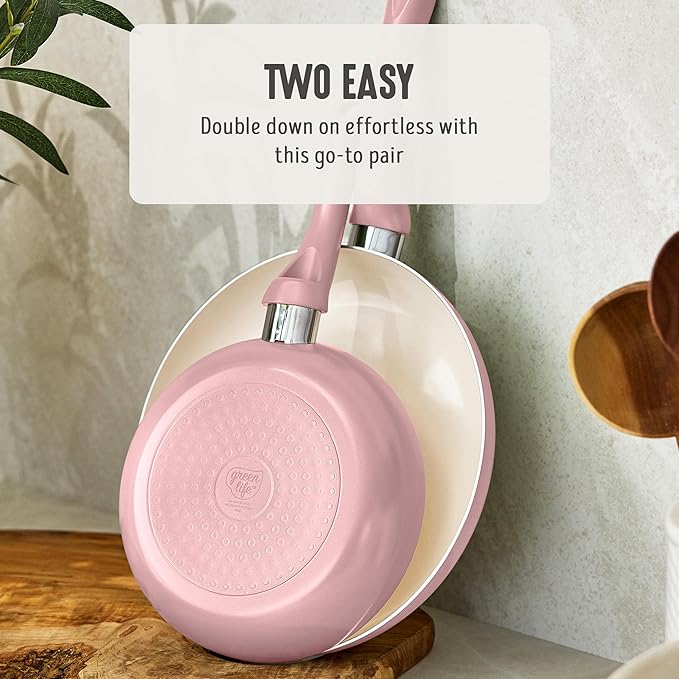 GreenLife 2-Piece Nonstick Frying Pan Set, 8” & 10” Skillets, Non-Toxic Ceramic Cookware, Dishwasher Safe, Stay-Cool Handles, Induction Ready, Fast Heating, Omelet Pan, PFAS Free, Blush Pink
