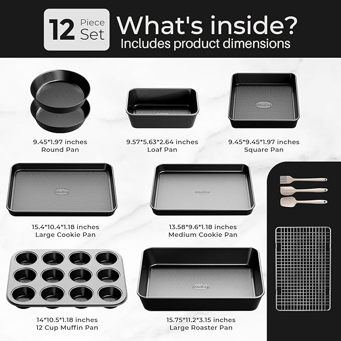 12-Piece Nonstick Bakeware Set, Stackable Non Toxic Baking Pans Set with Rack & Kitchen Utensils, Cookie Sheets Set, Cake Pan, Muffin Pan, Loaf Pan, Roasting Pan, Black - Image 3