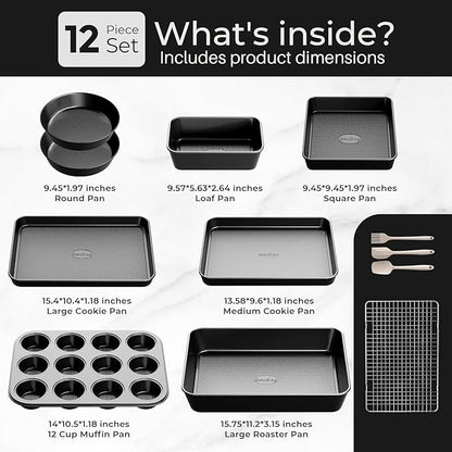 12-Piece Nonstick Bakeware Set, Stackable Non Toxic Baking Pans Set with Rack & Kitchen Utensils, Cookie Sheets Set, Cake Pan, Muffin Pan, Loaf Pan, Roasting Pan, Black - Image 3