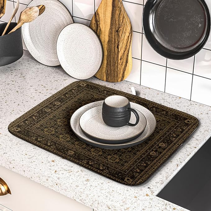 Brown Antique Tabriz Rug Dish Drying Mat for Kitchen Counter,Retro Turkish Vintage Floral Block Print Drying Mat 16 x 18 Inch with Absorbent Reversible Microfiber Drying Pad for Coffee Bar - Image 5