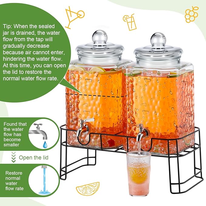 Honeydak 4.6 Gallon Glass Beverage Dispenser with Stand Stainless Steel Spigot Glass Lid Clear Iced Juice Container Leakproof Drink Dispenser Countertop Lemonade Water Jar for Wedding Party (2 Pack)
