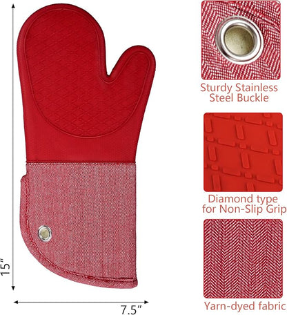 Professional Microwave Silicone Oven Mitts one Pair, Kitchen Mitten Set for Heat Resistant with 500 Degrees, Kitchen Gloves Pot Holder for BBQ Cooking Baking (Red)