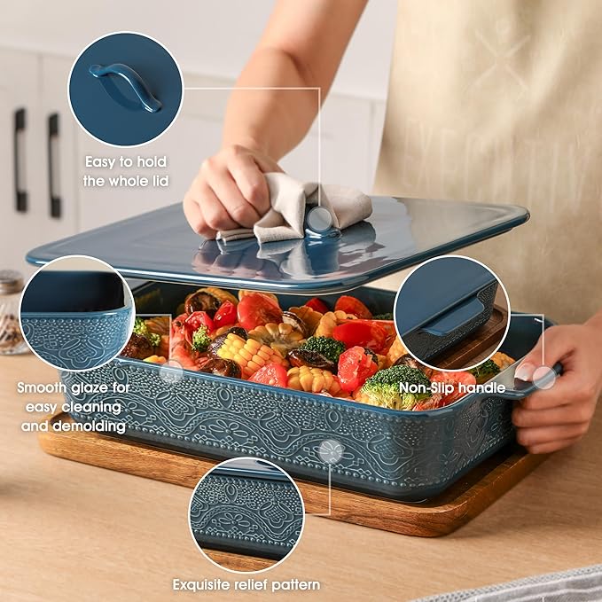 Casserole Dish with Lid, Ceramic 9x13 Casserole Dish for Oven, Rectangular Bakeware, Large Baking Dish with Handles for Holiday Cooking, Roasting, Baking, Oven & Microwave Safe (Blue) - Image 5