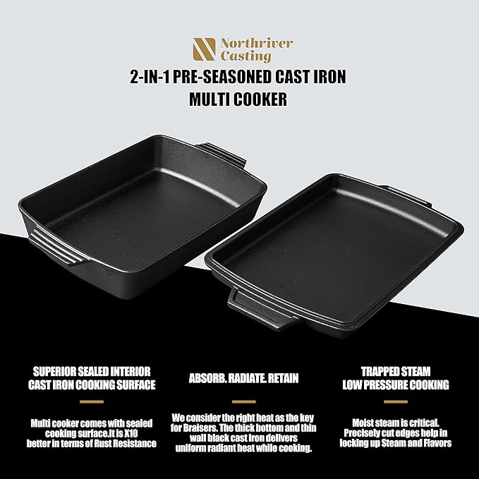 Northriver Casting 2-In-1 Pre Seasoned Cast Iron Dutch Oven With Skillet Lid,Casserole Dish,Rectangular Baking Pan,Griddle Pot Set, 6QT, 9"x13" - Image 3