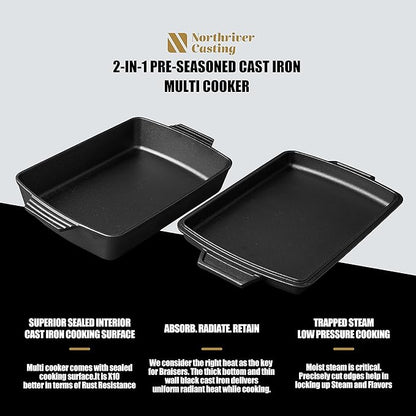 Northriver Casting 2-In-1 Pre Seasoned Cast Iron Dutch Oven With Skillet Lid,Casserole Dish,Rectangular Baking Pan,Griddle Pot Set, 6QT, 9"x13" - Image 3
