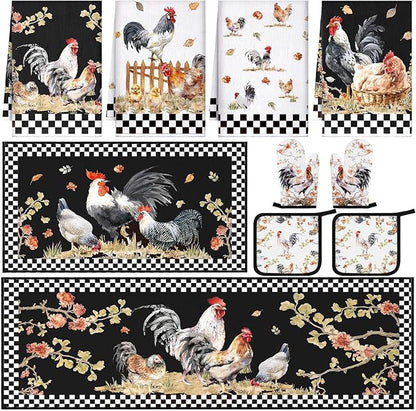Fourluoo 10 Pcs Rooster Kitchen Dish Towels Rugs Oven Mitts and Pot Holders Set Farmhouse Kitchen Decor Set for Women Mom Daughter Gift Cooking Baking Grilling (Vintage Black White)