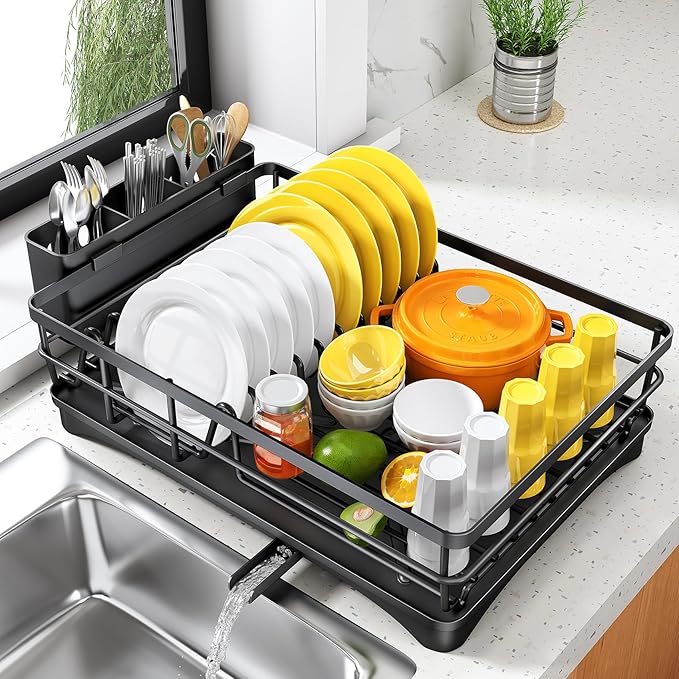 SNTD Dish Drying Rack for Kitchen Counter - Large Dish Rack with Drainboard, Rustproof Dish Drainer with Utensil Holder for Sink, Black - Image 8