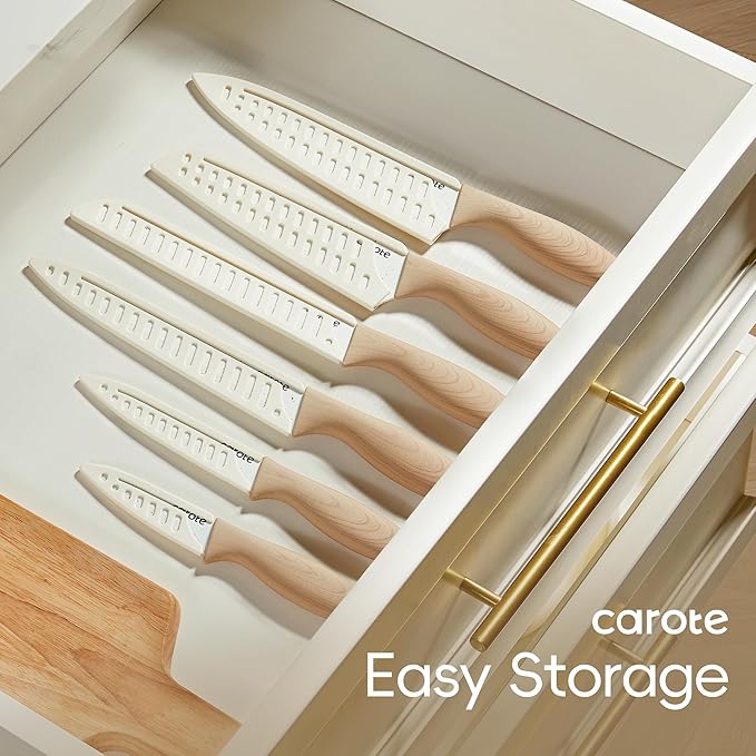 CAROTE 12PCS Knife set with Blade Guards,Granite Nonstick Ceramic Coating,Stainless Steel blade, Anti-Slip Handle, Essential Knives, Rustproof, White - Image 5