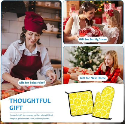 Watercolor Lemon Oven Mitts and Pot Holders Sets Heat Resistant 4Pcs Potholders Oven Gloves Hot Pads for Kitchen Baking Cooking Grilling BBQ