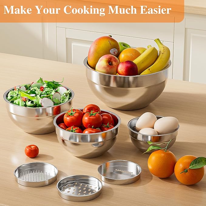 Mixing Bowls with Lids Set, 6 PCS Stainless Steel Mixing Bowls with 3 Grater Attachments, Kitchen Food Storage Organizers Nesting Mixing Bowl, Large Size 4.5, 3.5, 2.1, 1.5, 1.1, 0.7QT - Image 2