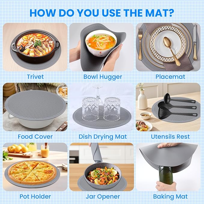Microwave Cover for Food and Silicone Mat Collapsible Microwave Splatter Cover, Microwave Plate & Dish Cover with Easy Grip Handle, BPA-Free, 10.5” Cover&12.2” Mat, Dishwasher Safe (Grey) - Image 3