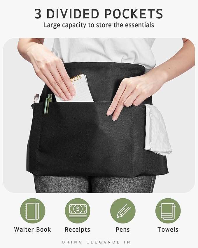 Syntus Server Apron for Men Women, Waitress Waist Apron, Black 1/3/12 Packs - Image 4