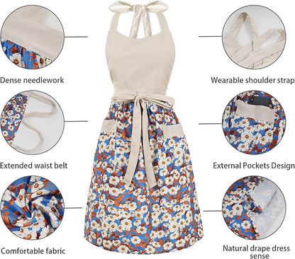 Cute Floral Aprons for Women with Pockets,Cotton Adjustable Neck Strap Apron for Kitchen Cooking Baking Gardening