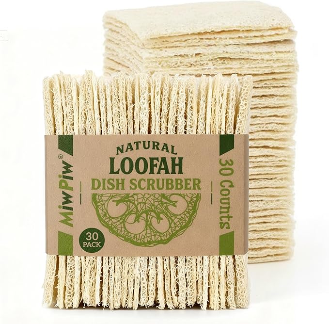 Natural Loofah Dish Sponge (Pack 30) Multipurpose Dish Sponges - 100% Biodegradable Compostable Dishwashing Scouring Pad Zero Waste (2.75" x 2.75" Each) by MiwPiw
