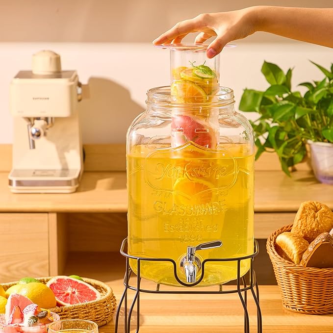 2 Gallon Glass Drink Dispensers for Parties, Beverage Dispenser with Stand, Fruit Infuser and Stainless Steel Spigot 100% Leakproof, Beverage Dispenser for Lemonade Sun Tea - Image 2