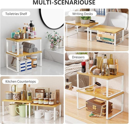 Simple Trending Bamboo Cabinet Organizer Shelf, Set of 4 Kitchen Counter Shelves, Stackable Expandable Spice Rack Pantry Cupboard Organizer, White and Natural - Image 7