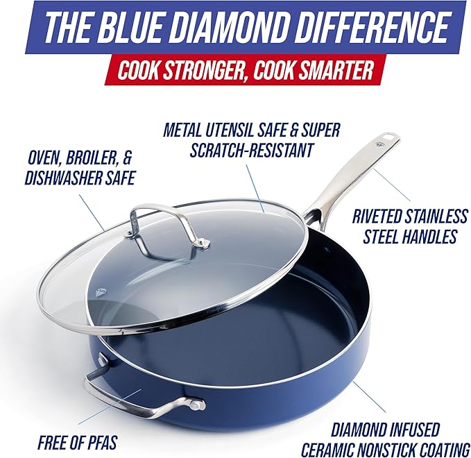 Blue Diamond 5QT Saute Pan with Lid, Non Toxic PFAS-Free Diamond Ceramic Nonstick, Dishwasher & Oven Safe, Metal Utensil Safe, Deep Jumbo Cooker Skillet with Helper Handle, Glass Lid, Blue - Image 3