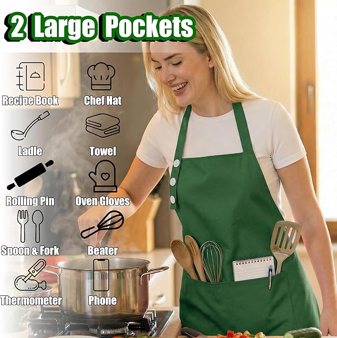 TOSHE Kitchen Apron Waterdrop Resistant Cotton Apron with adjustable Aprons for Women with Pockets 12 Color option Cooking Green Apron (Green) - Image 2