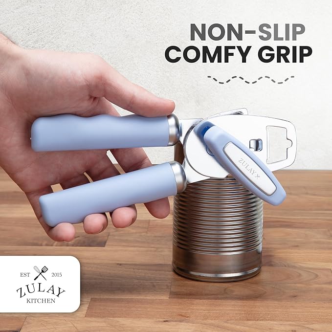 Zulay Kitchen Heavy Duty Stainless Steel Can Opener Manual with Bottle Opener - Rust Proof Manual Can Opener With Turn Knob & Comfy Soft Grip Handles - Light Blue - Image 5