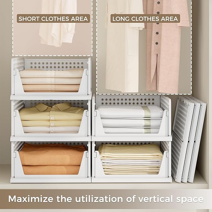 Pinkpum 8 Pack Closet Organizers and Storage Plastic Stackable Storage Bins, Foldable Drawer Shelf Storage Container for Wardrobe Kitchen Bathroom Dorm White - Image 4