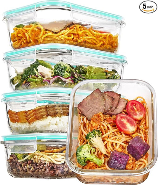 Vtopmart 5 Pack 35oz Glass Food Storage Containers with Lids, Meal Prep Containers, Airtight Reusable Lunch Container Set, Safe for Oven, Microwave, Freezer, and Dishwasher, Green by Vtopmart
