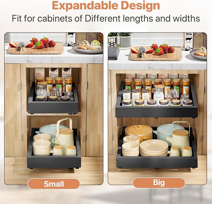 2 Pack Pull out Cabinet Organizer, Width (12"-19") Depth (17"-23"), with 3 Rails Adjustable Slide, Expandable Pullout Drawers for Cabinets, No Drill Adhesive Kitchen Drawers for Pantry Shelves - Image 8
