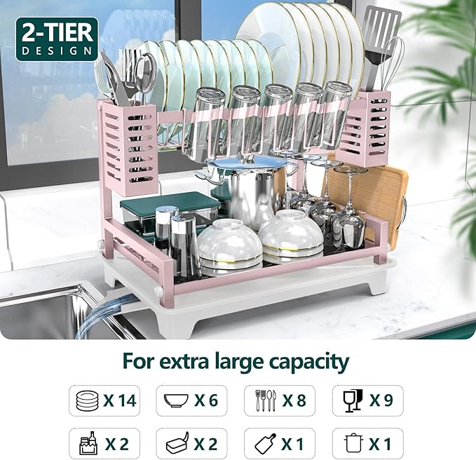 B-Land Dish Drying Rack, 2 Tier Dish Racks for Kitchen Counter, Large Dish Drying Rack with Drainboard & Utensil Holders, Rust-Proof Dish Drainers,Kitchen Organization - Image 2