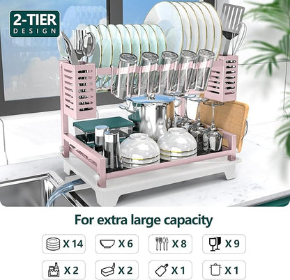 B-Land Dish Drying Rack, 2 Tier Dish Racks for Kitchen Counter, Large Dish Drying Rack with Drainboard & Utensil Holders, Rust-Proof Dish Drainers,Kitchen Organization - Image 2