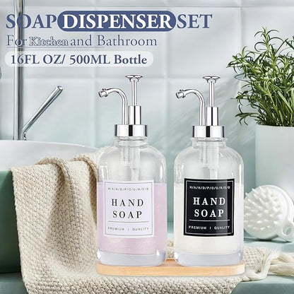 Glass Soap Dispenser with Pump,Tray,Funnel, Countertop Soap and Lotion Dispenser Set of 2 with 60 Stickers, Dish and Hand Soap Dispenser Bottle for Kitchen,Bathroom,Shower, 500ml/16.9oz