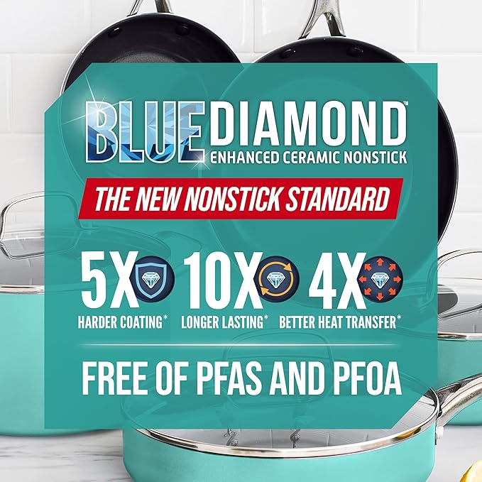 Blue Diamond 8" Nonstick Frying Pan Skillet, Diamond Infused Ceramic PFAS-Free, Dishwasher & Oven Safe, Stay Cool Handle, Durable Non Toxic Metal Utensil Safe, Egg & Omelet Pan, Turquoise - Image 9