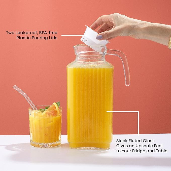 JoyJolt 60oz Glass Pitcher with Lid (2 Lids) - Beverage Serveware and Storage Container for Cold Drinks and Liquids. Juice Container, Water Jug, Fridge Pitcher for Iced Tea or Milk - Image 4