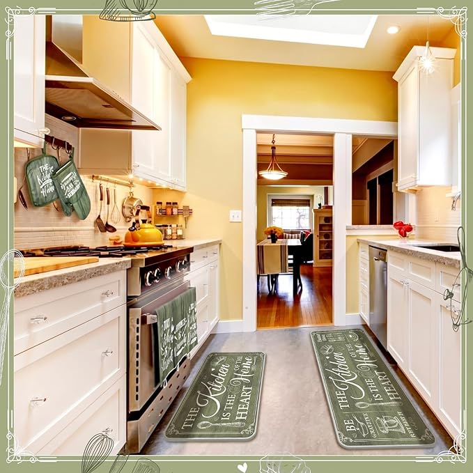 Fourluoo 10 Pcs Farmhouse Kitchen Decor and Accessories Set 4 Kitchen Towels 2 Pot Holders 2 Oven Mitts 2 Rugs for Cooking Baking Mom Housewarming Gifts(Sage Green,Classic Style) - Image 4