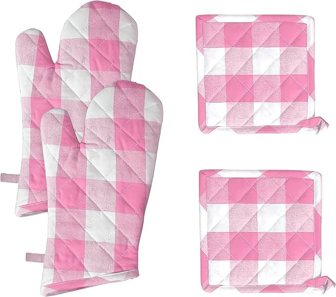 Native Fab Buffalo Plaid Check Oven Mitts and Pot Holders Set of 4, 100% Cotton Heat Resistant Kitchen Gloves, 2 Oven Mitts (7x13), 2 Pot Holders (8x8) for Cooking & Baking, Pink White by NativeFab