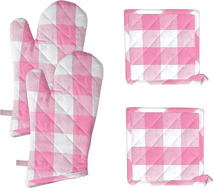 Native Fab Buffalo Plaid Check Oven Mitts and Pot Holders Set of 4, 100% Cotton Heat Resistant Kitchen Gloves, 2 Oven Mitts (7x13), 2 Pot Holders (8x8) for Cooking & Baking, Pink White by NativeFab