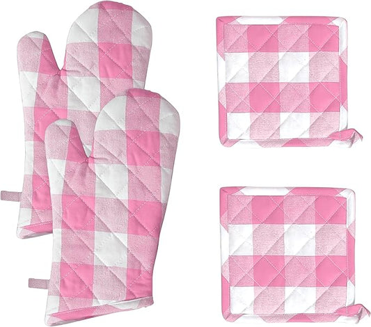 Native Fab Buffalo Plaid Check Oven Mitts and Pot Holders Set of 4, 100% Cotton Heat Resistant Kitchen Gloves, 2 Oven Mitts (7x13), 2 Pot Holders (8x8) for Cooking & Baking, Pink White by NativeFab