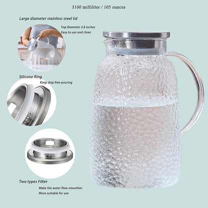 Purefold 105 oz Glass Water Pitcher with Lid, Heat Resistant Borosilicate Jug for Iced Tea, Juice, Milk, Cold or Hot Beverages, Large Caliber Pitchers Easy Clean