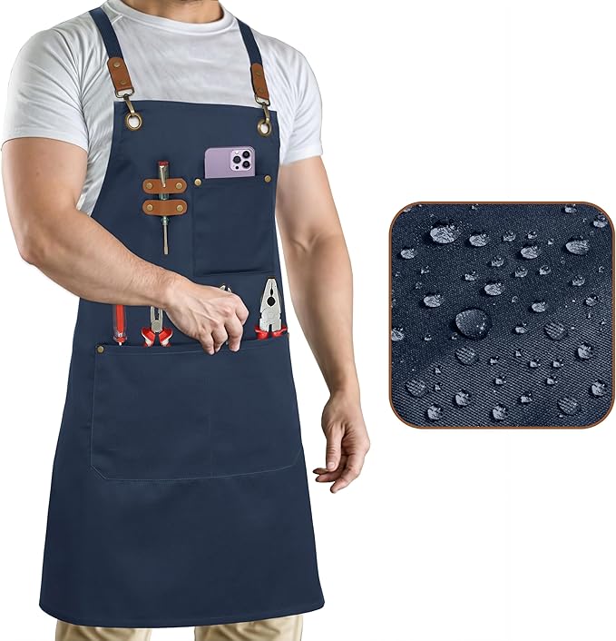 RUVANTI Work Aprons for Men, Oil & Water Repellent, PolyCotton Cross Back Aprons for Women with Pockets, Adjustable up to XXL, Chef Aprons for Cooking, Grilling, Welding, Woodworking - Blue Aprons