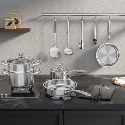 Meythway Pots and Pans Set Non Toxic, 16PCs Stainless Steel Cookware Set with Steamer, Kitchen Induction Cookware with Utensil Sets, Pot Protectors and Apron For Oven & Dishwasher Safe