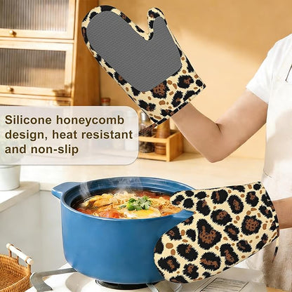 Leopard Print Oven Mitts and Pot Holders Sets of 4, Heat Resistant Silicone Oven Mitts Gloves Non-Slip Kitchen Mittens Potholders for Cooking Baking Grilling BBQ