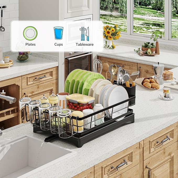 Ekisemio Dish Drying Rack for Kitchen Counter - Large Capacity Dish Drainer with Cutlery Holder & Drip Tray, Space Saving Kitchen Organizer (12x15.7), Black - Image 6