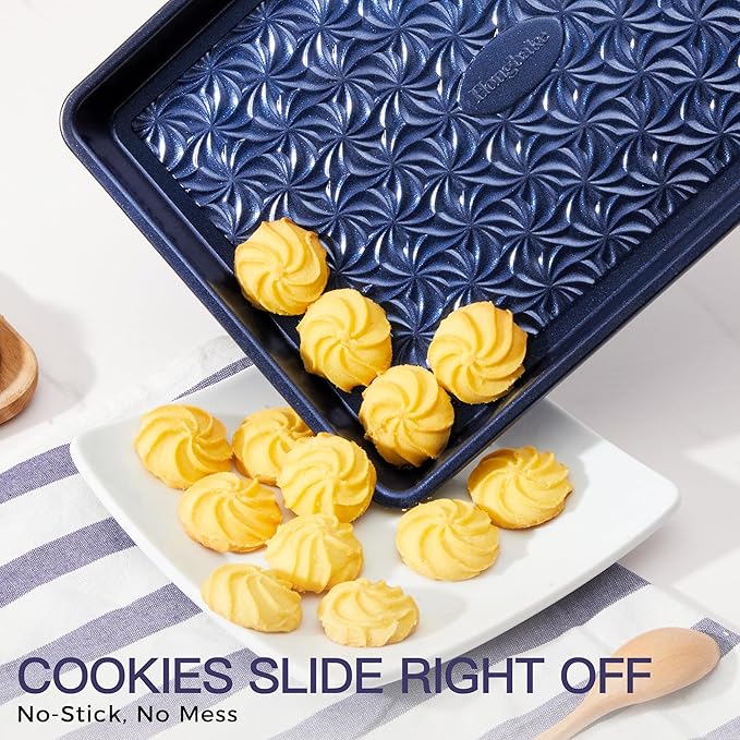 HONGBAKE Nonstick Baking Sheet Pan Set of 3, Cookie Sheets for Oven, Non-Toxic Half/Quarter/Jelly Roll Pans with Floral Swirl Texture, Heavy Duty 0.8mm Thick Oven Trays for Cooking, Blue - Image 2